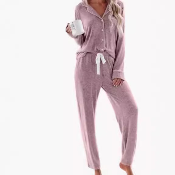 Women's Long-sleeved Trousers Lapel Button Strip Pajamas Suits