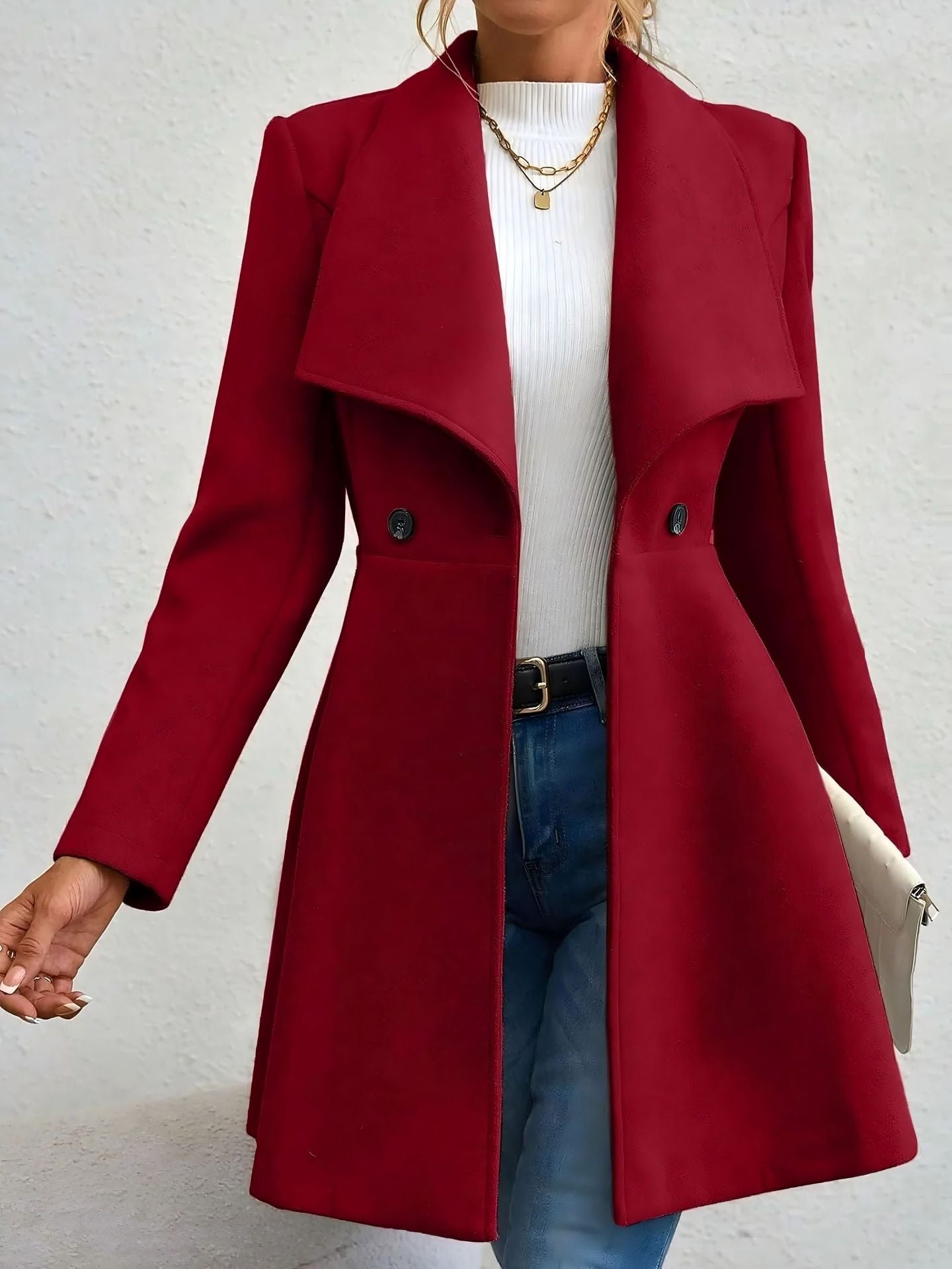 Women's Woolen Solid Color Polo Collar Double-breasted Coats