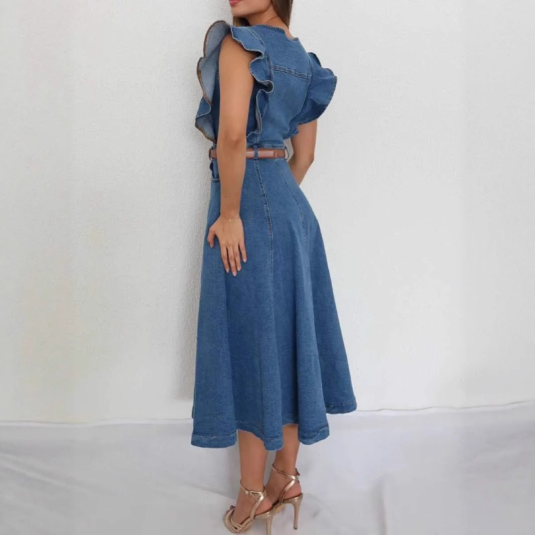 Women's Dress Waist Ruffle Sleeve Button Denim Dresses