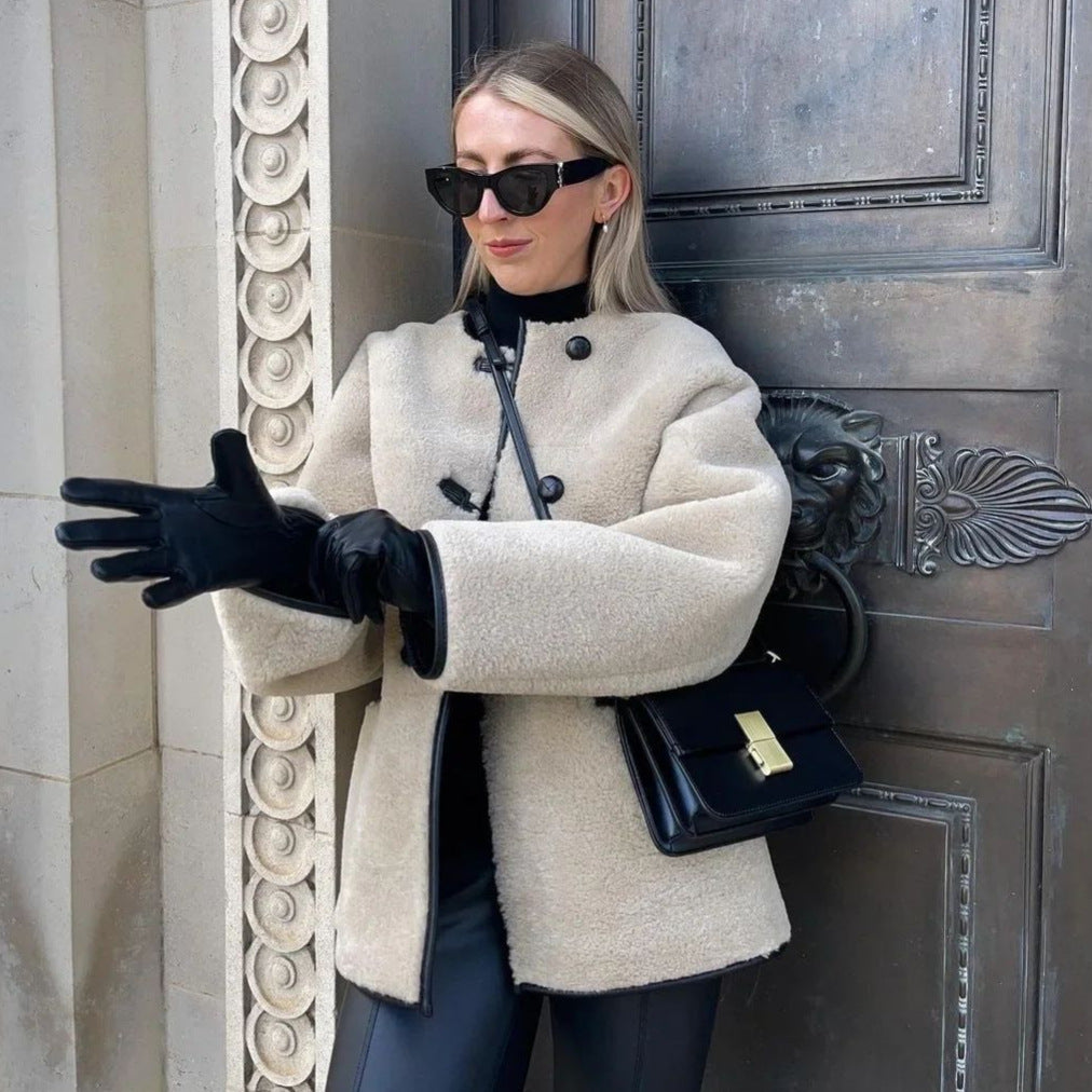 Women's Single-breasted Round Neck Solid Color Imitation Leather Coats