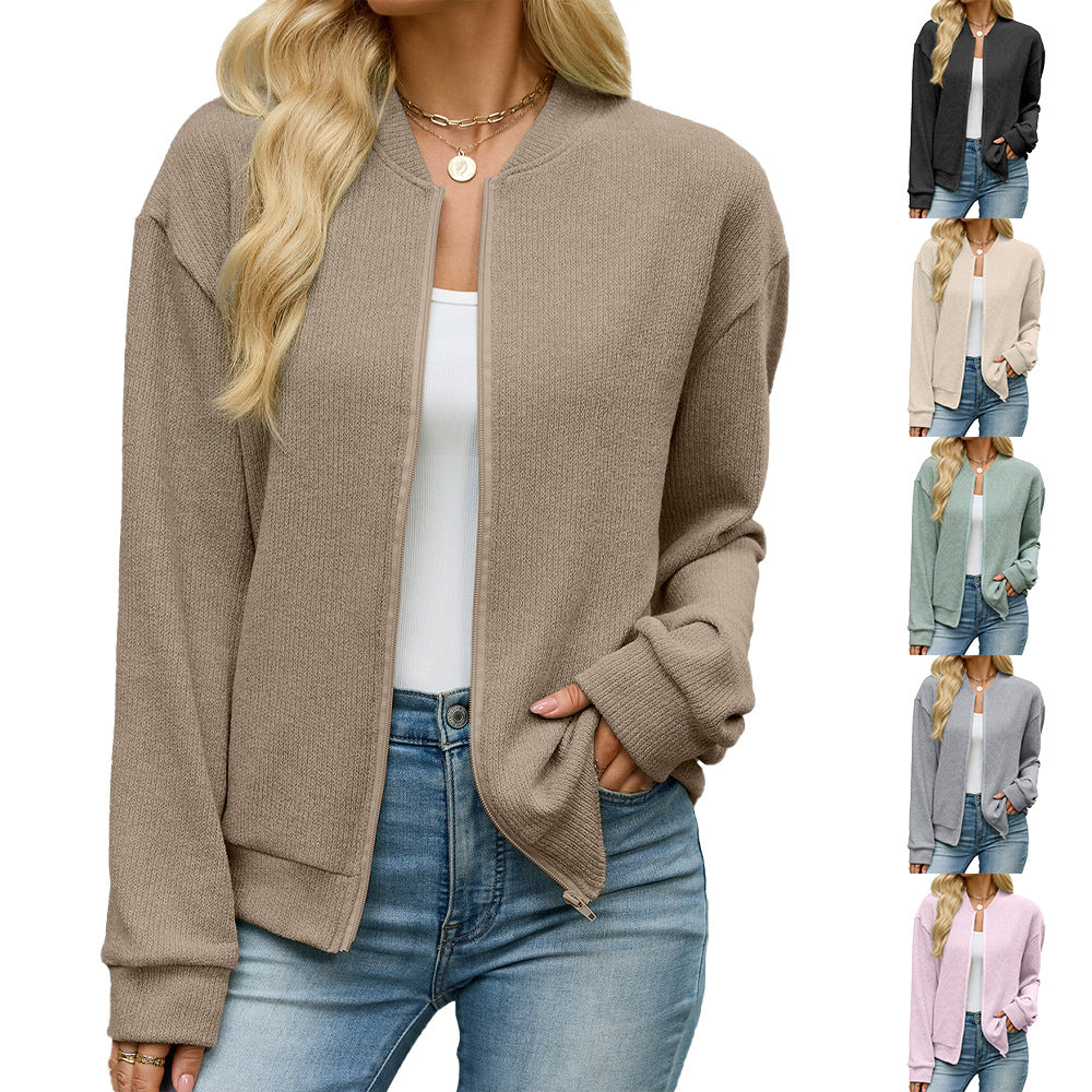 Women's Solid Color Loose Zip Long Sleeve Casual Women's Sweater, Sweater