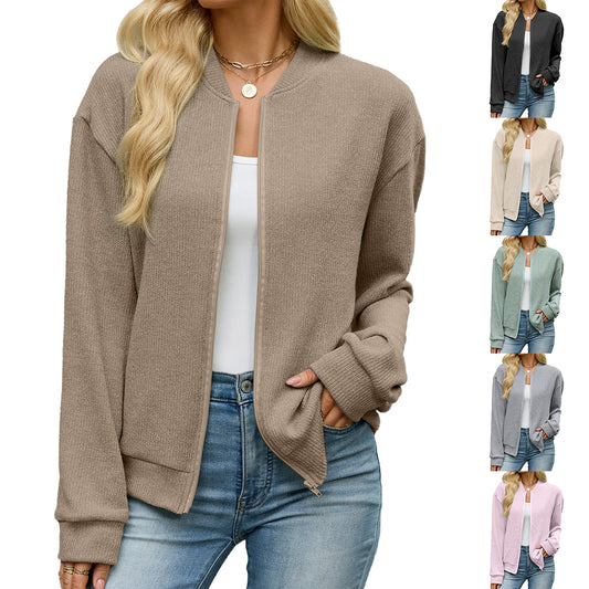 Women's Solid Color Loose Zip Long Sleeve Casual Women's Sweater, Sweater