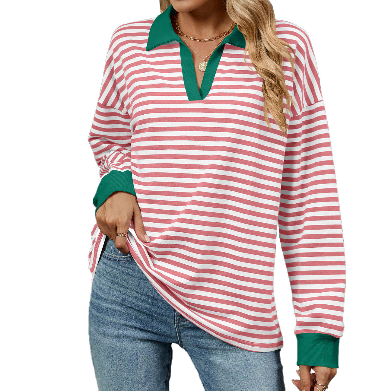 Women's Color Lapels Loose Long Sleeve Striped Women's Sweater, Sweater