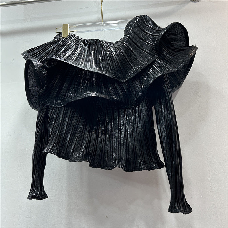 Women's French Style Fashion Shiny Surface Pleated Blouses