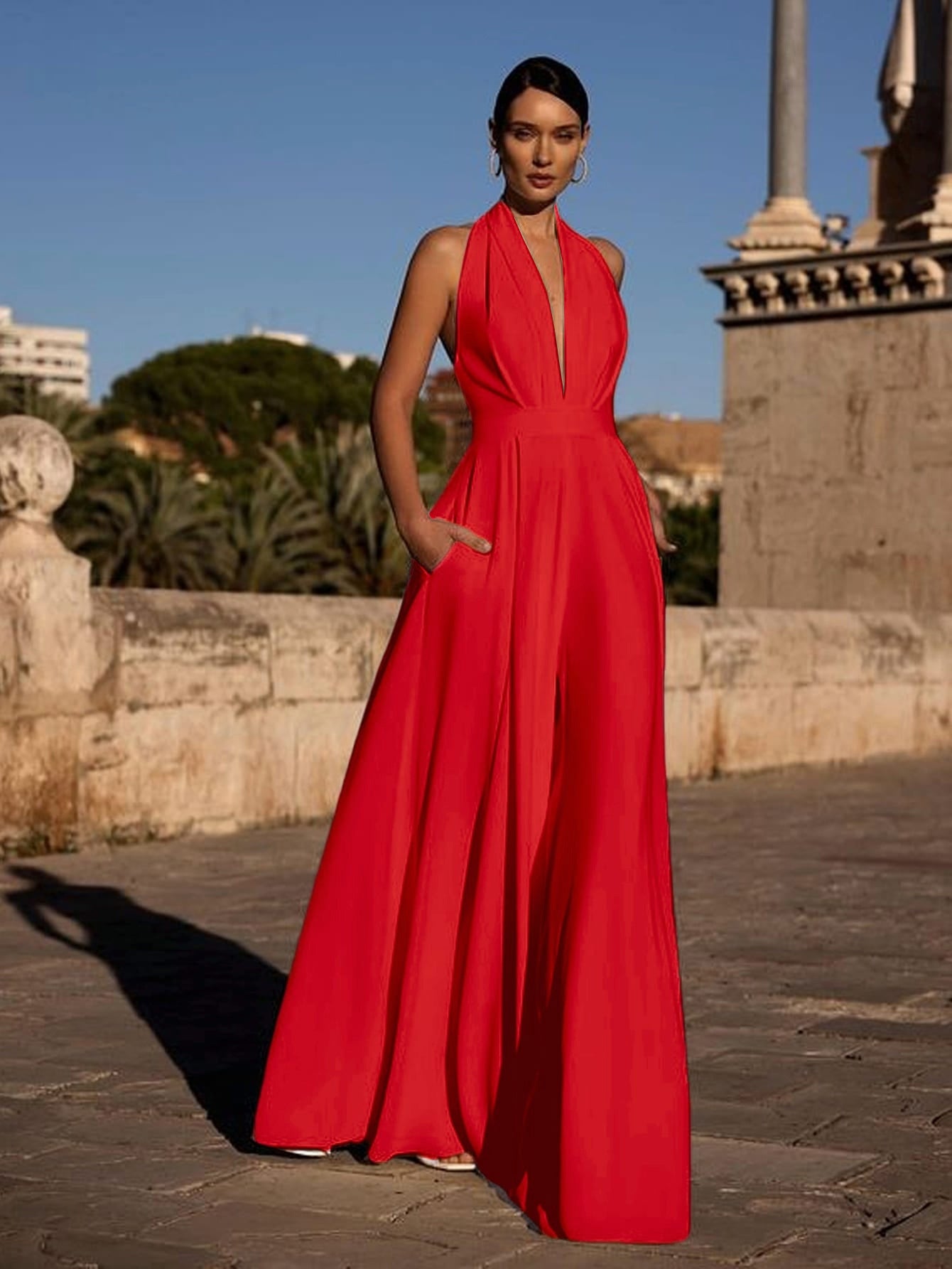 Women's Sleeveless Halter Solid Color Wide Leg Jumpsuits