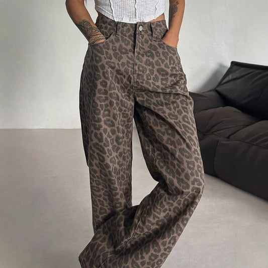 Women's Leopard Print Retro Design Niche Loose Women's Jeans