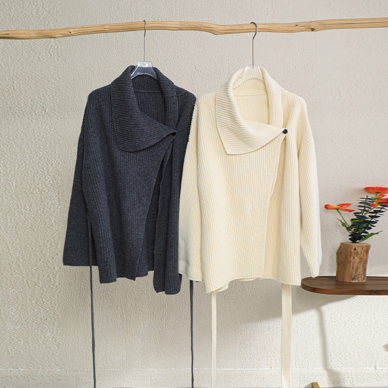 Women's Loose Lazy Style Thick Wool Knitted Turn-down Sweaters