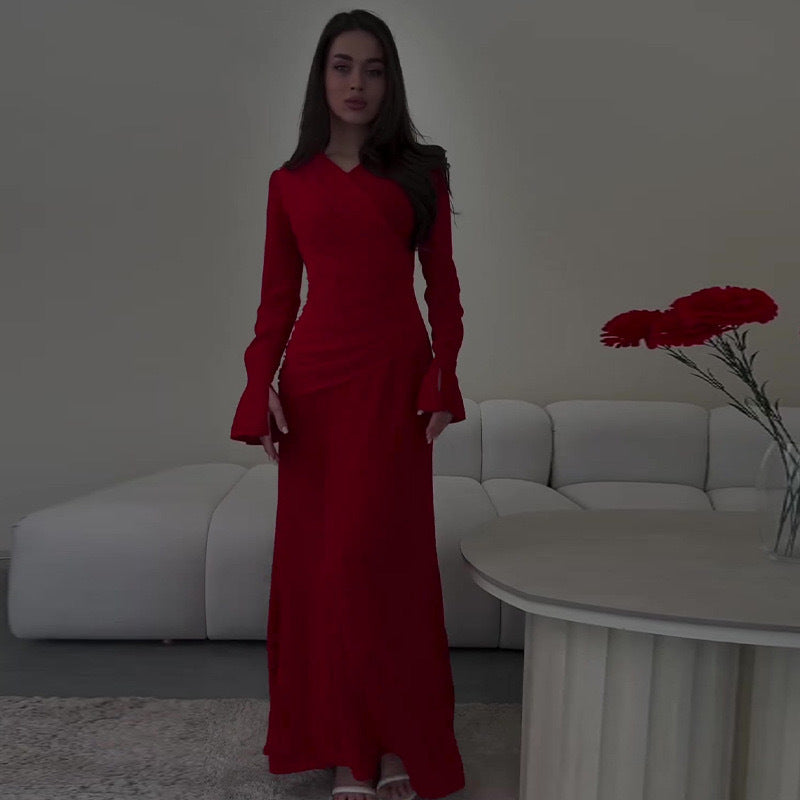 Flared Pleated Cross Overlay Strap Cinched Dresses