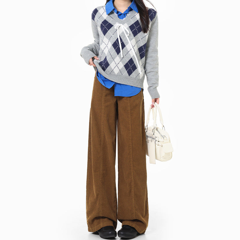 Women's Retro Style Caramel Corduroy Regular Lengthened Pants