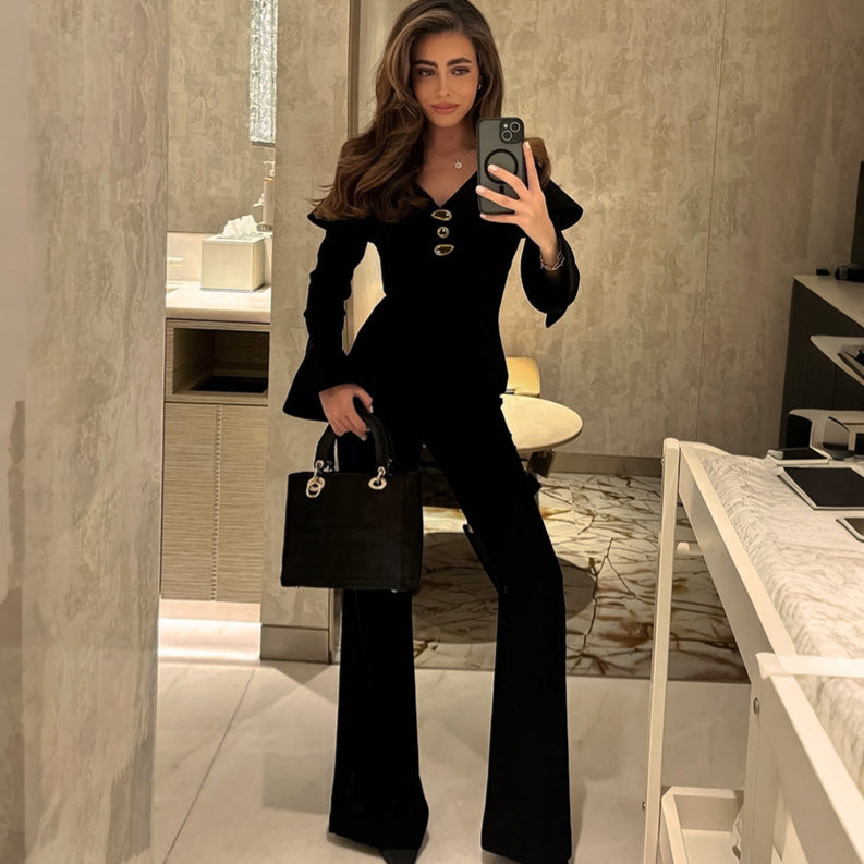 Women's Retro Black Sexy Slim Fashion Bell-bottom Suits