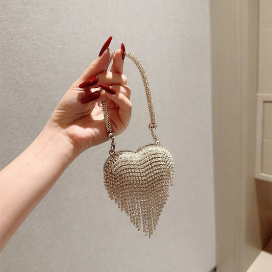 Women's Mini Peach Heart Diamond Dinner Chain Party Evening Bags