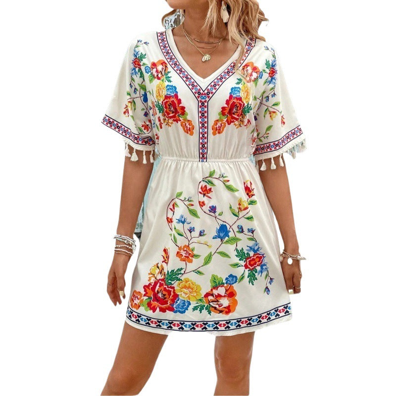 Bohemian Retro Ethnic Style Tassel Print Dress