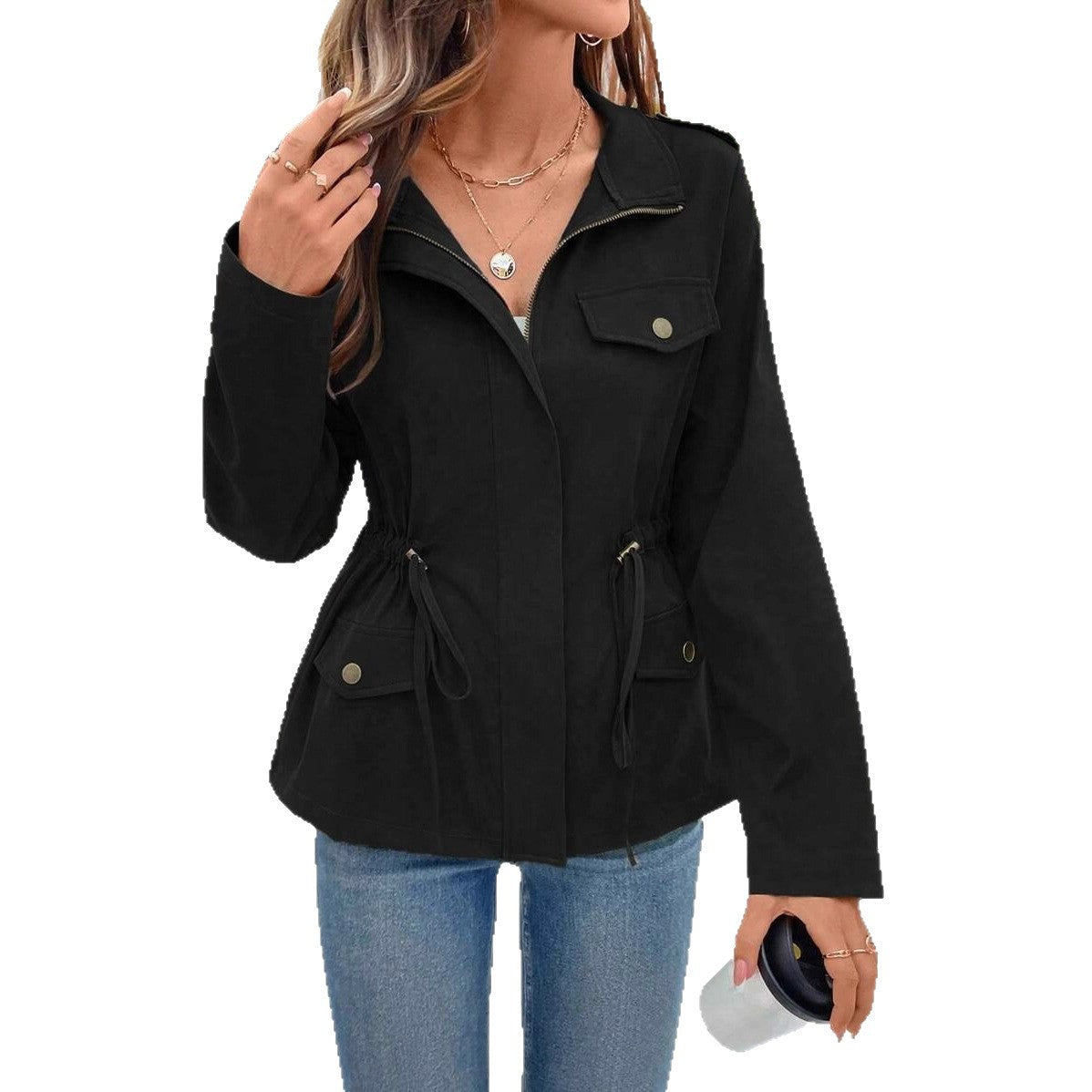 Women's Solid Color Long Sleeve Casual Drawstring Coats