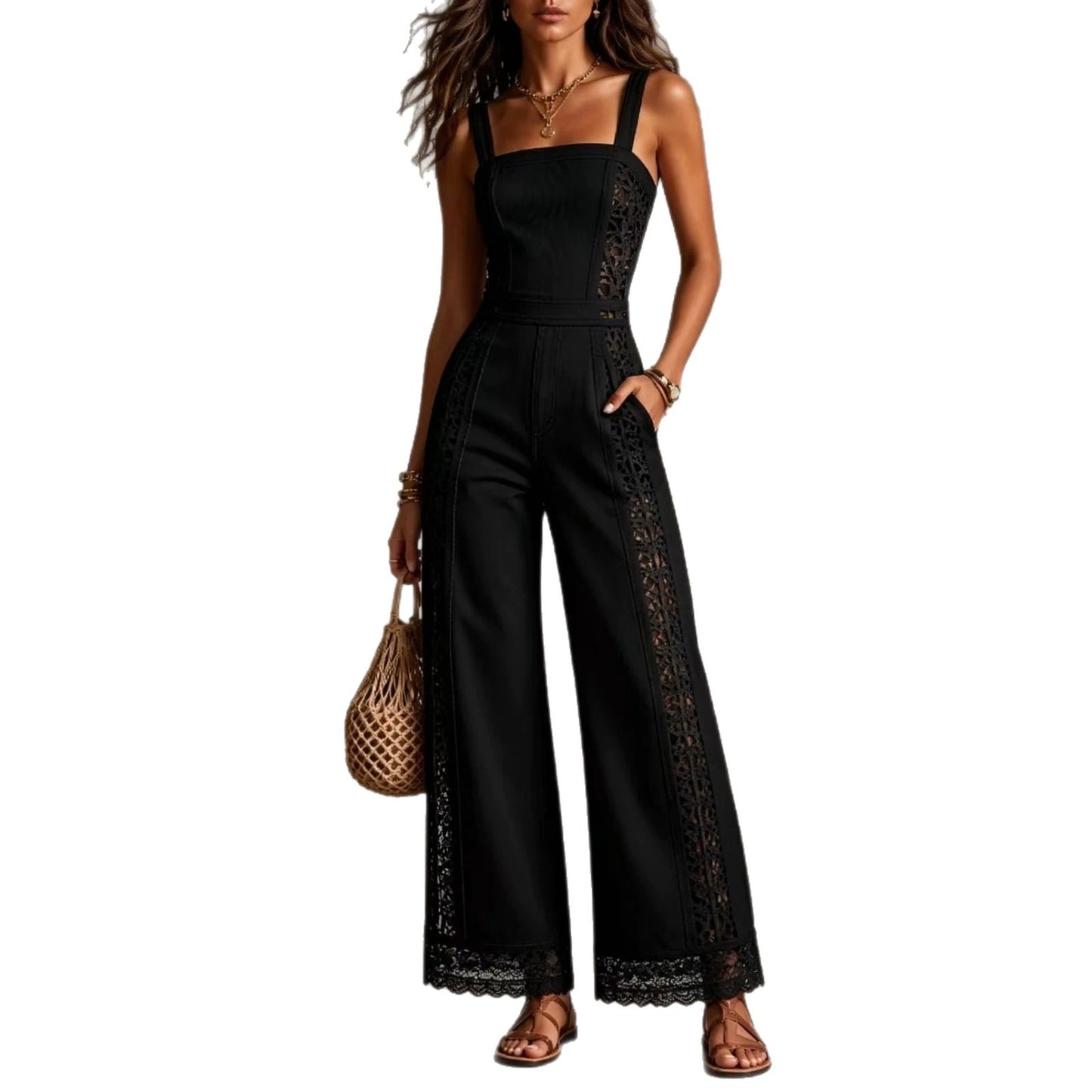 Women's Vacation Style Hollow Crochet Denim Lace Ruffled High Waist Wide Women's Jumpsuit/clothing