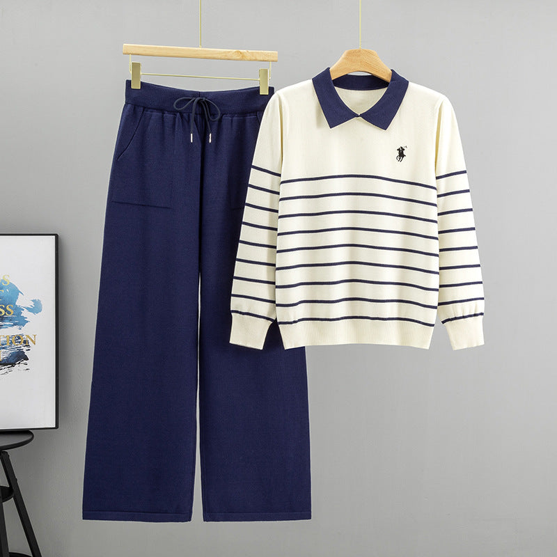 Women's Polo Collar Striped Knitting Loose Temperament Suits