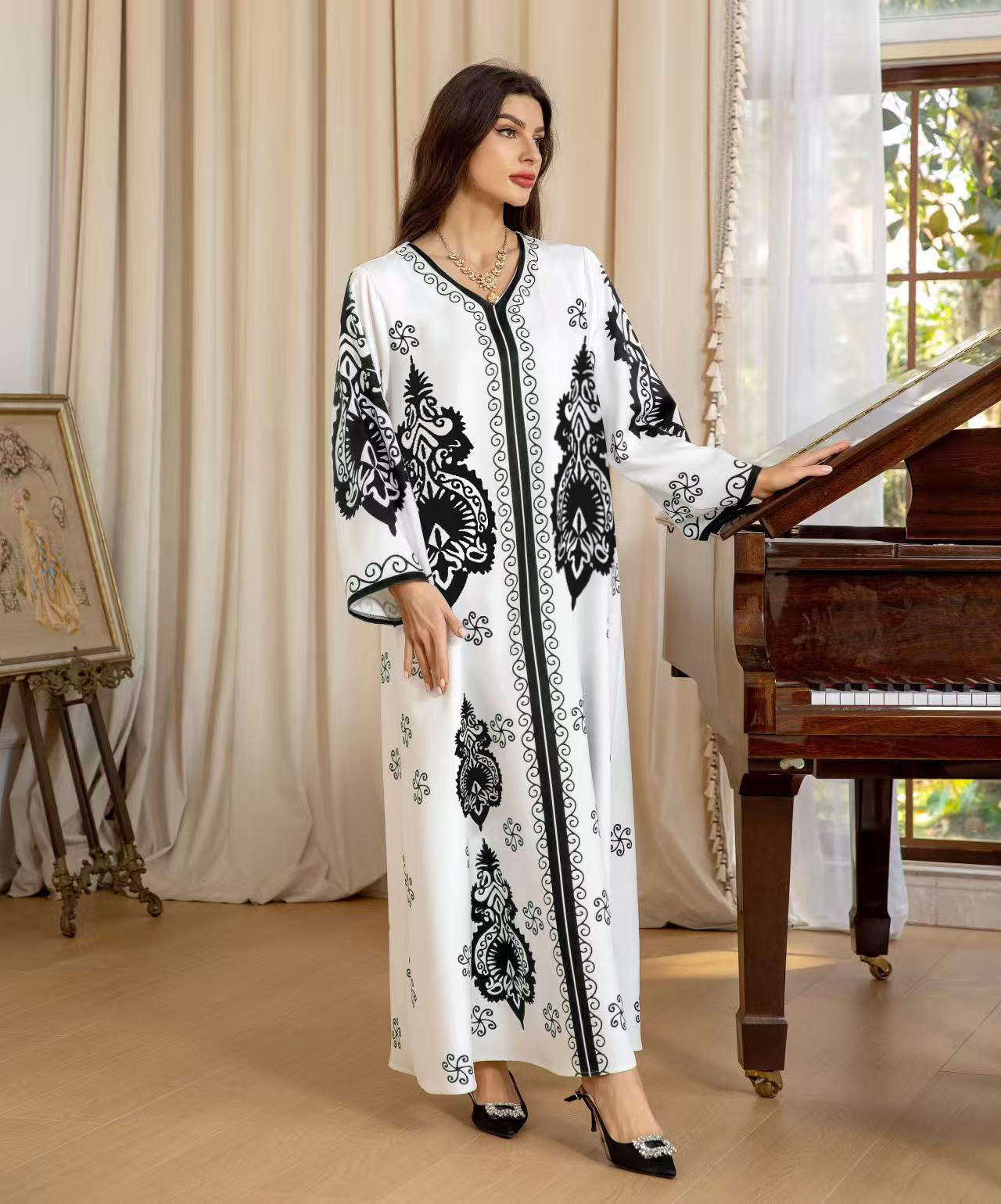 Printed Long Lantern Sleeve Casual Lace Beach Dress