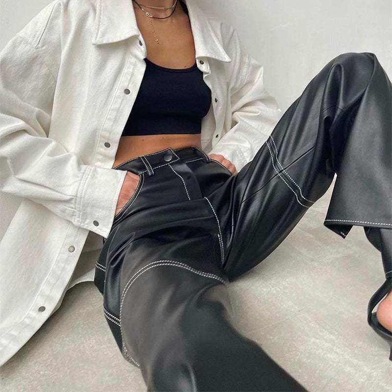 Women's Leather High Waist Stitching Slimming Straight Pants