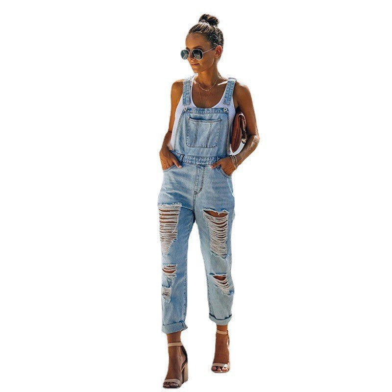 Ripped Fashion One-piece Denim Brace Skinny Pants