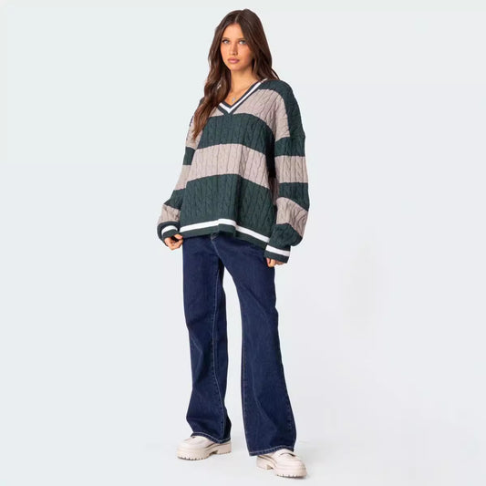 Women's Striped Contrast Color Loose Long Sleeve Sweaters