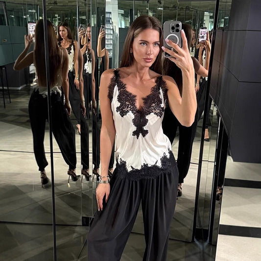 Women's Hot Style Slim Lace Stitching Satin Tops