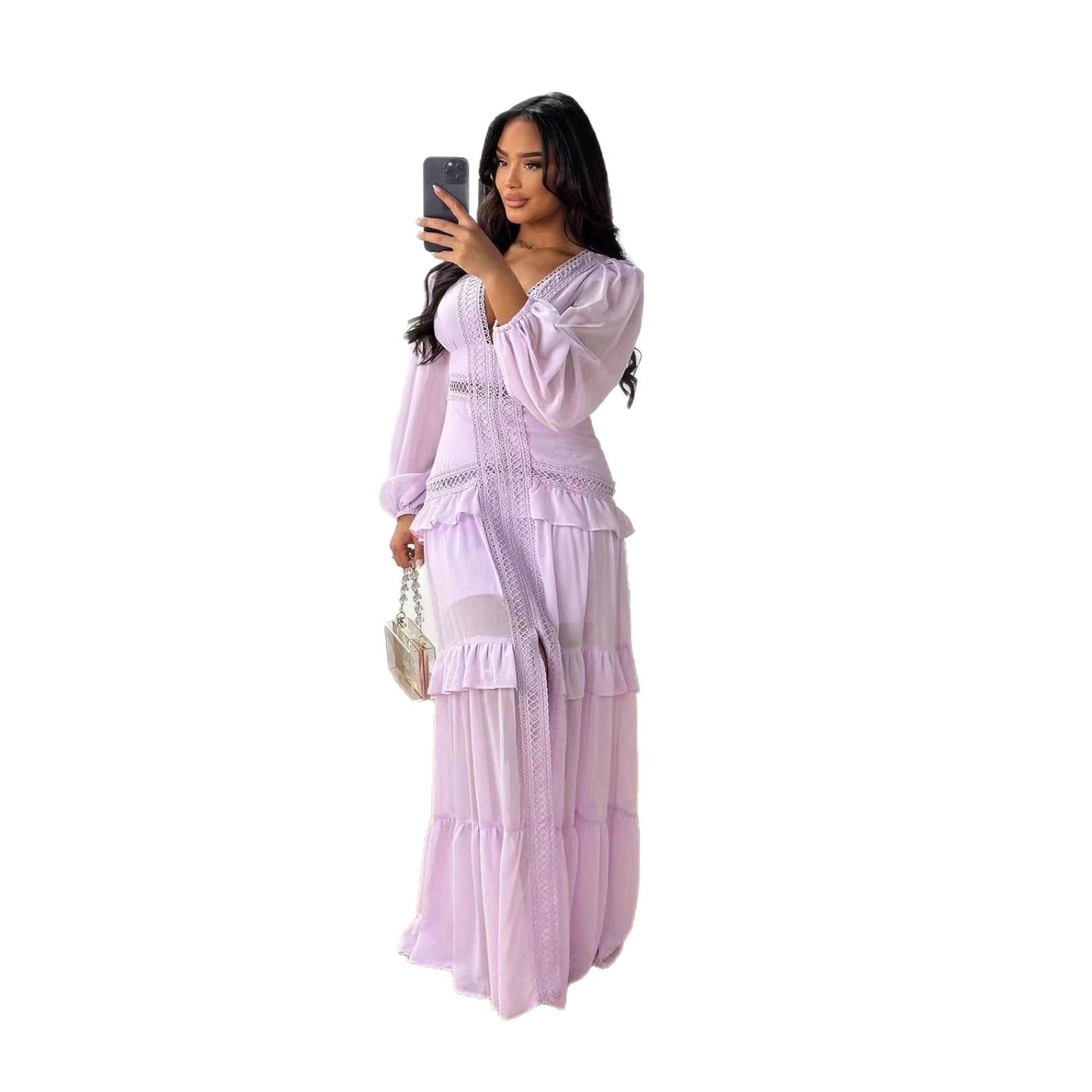 Women's Elegant Stitching Long Sleeve Dress Chiffon Dresses