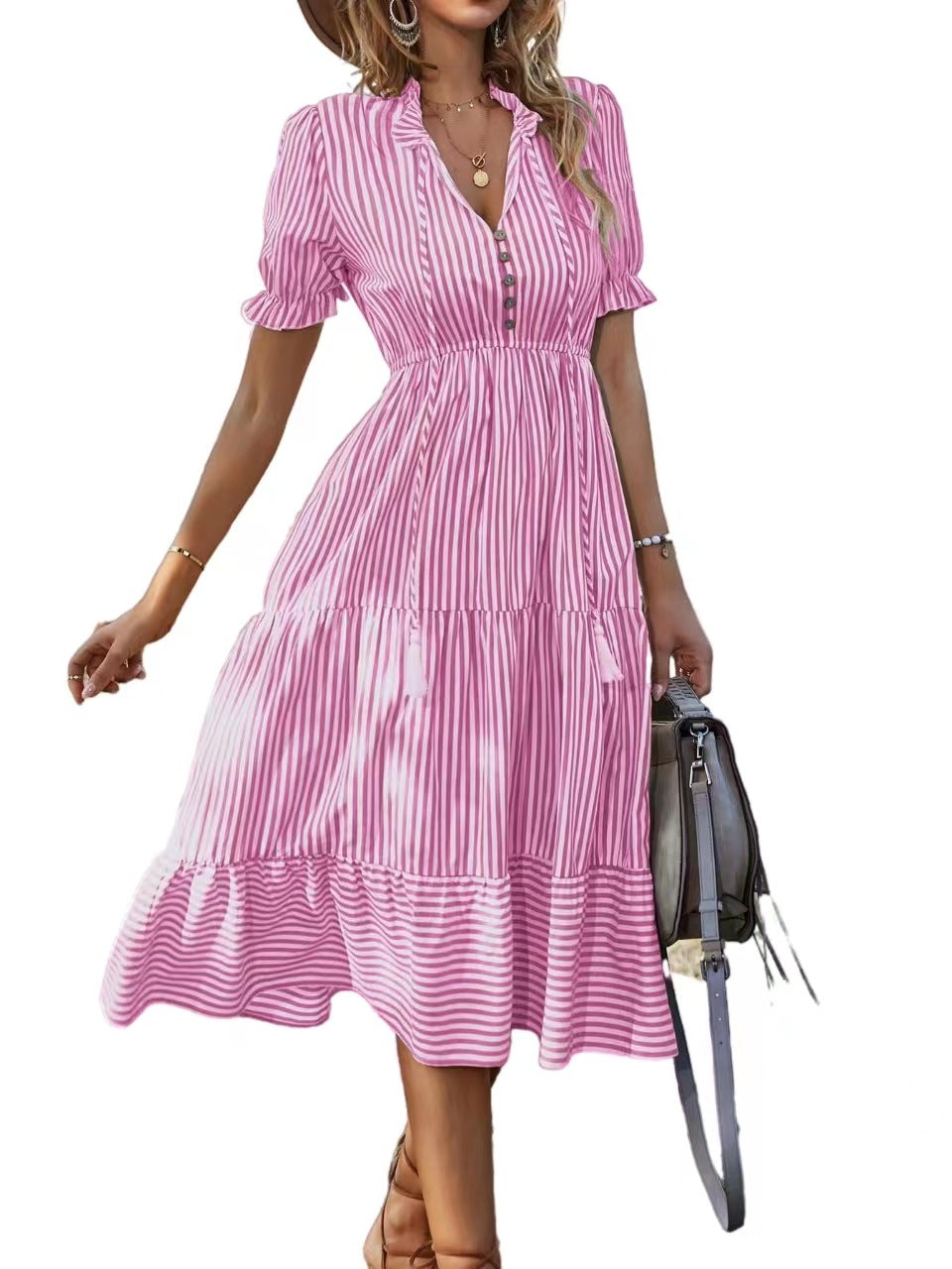 Women's Striped Elastic Waist Sleeve Expandable Dress