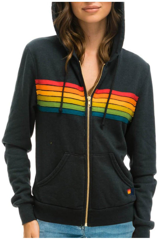 Women's Rainbow Striped Hooded Zipper Sweatshirt Loose Coats