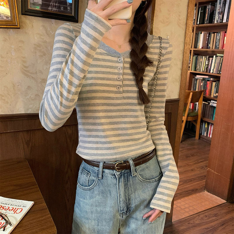 Women's Style Shoulder Striped Long-sleeved Henry Collar Design Bottoming Shirt Tops