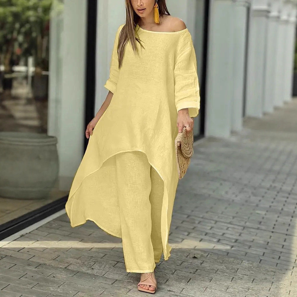 Women's Cotton Linen Irregular Long Sleeve Wide Leg Suits