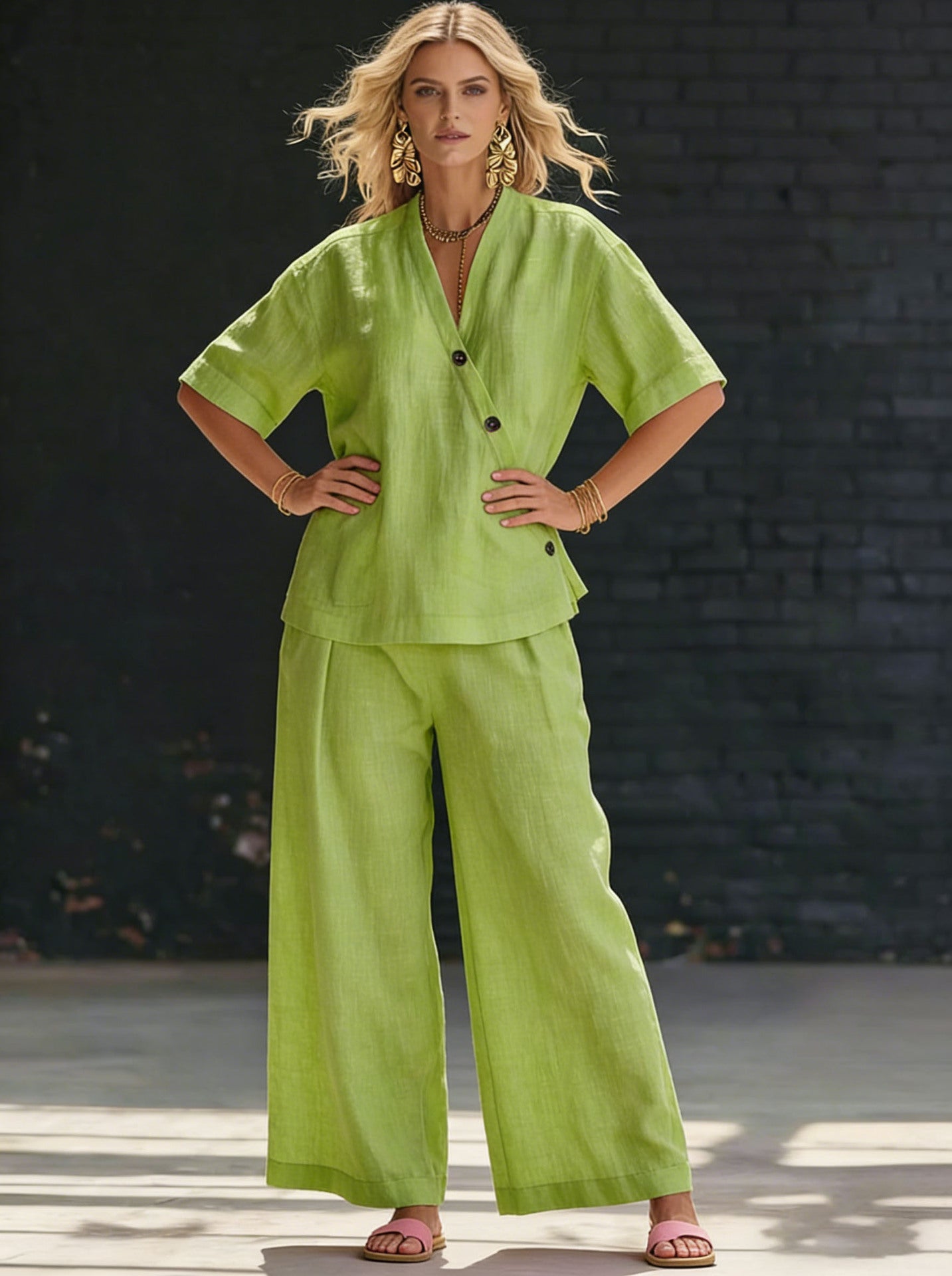 Women's Solid Color Loose Short-sleeved High Waist Trousers Fashion Casual Suit