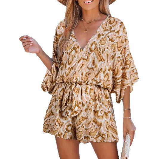 Women's Summer Printed Batwing Sleeve Loose Casual Jumpsuits