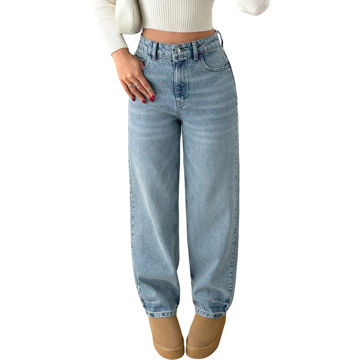 Women's Retro Washed High Waist Stretch Belt Pocket Women's Jeans