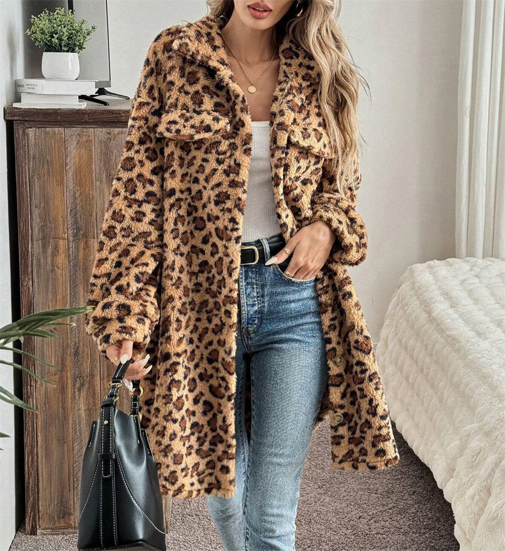 Women's Fashion Loose Casual Mid-length Fur Leopard Coats