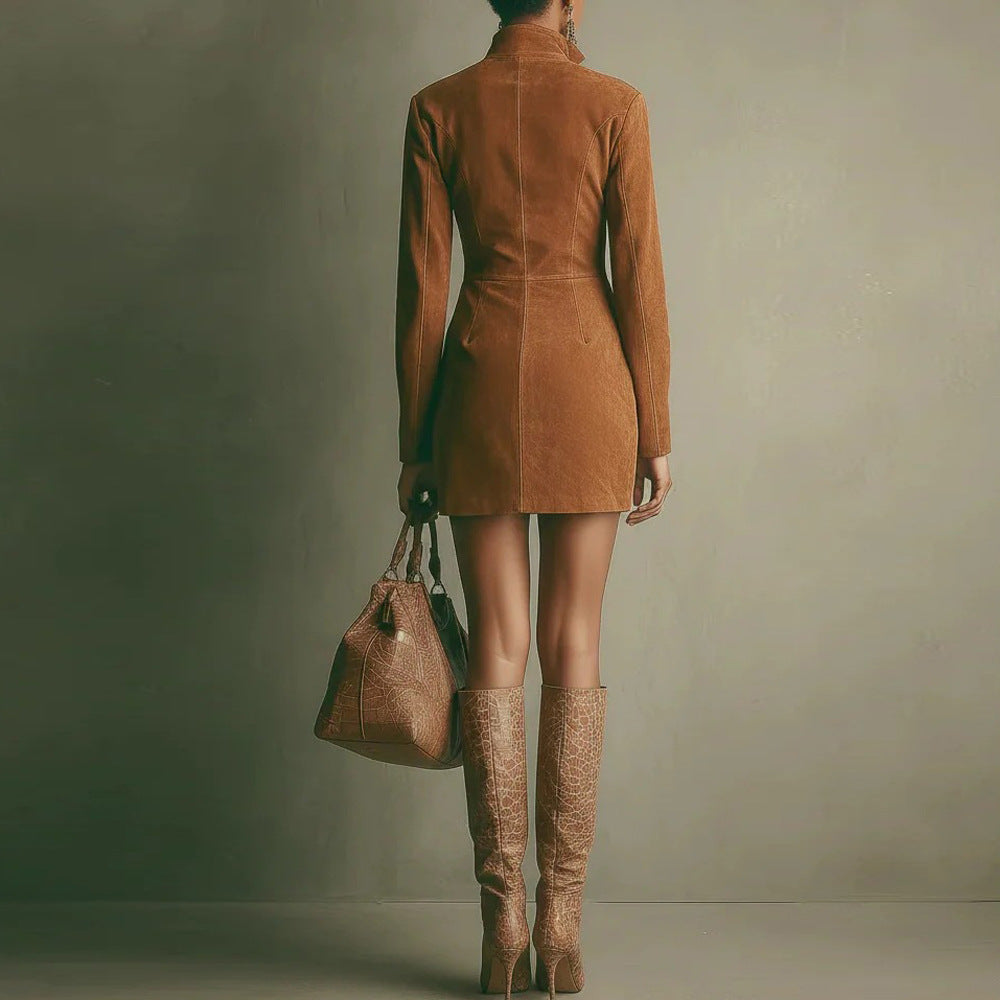 Women's Glamorous Suede French Zipper Dress Dresses
