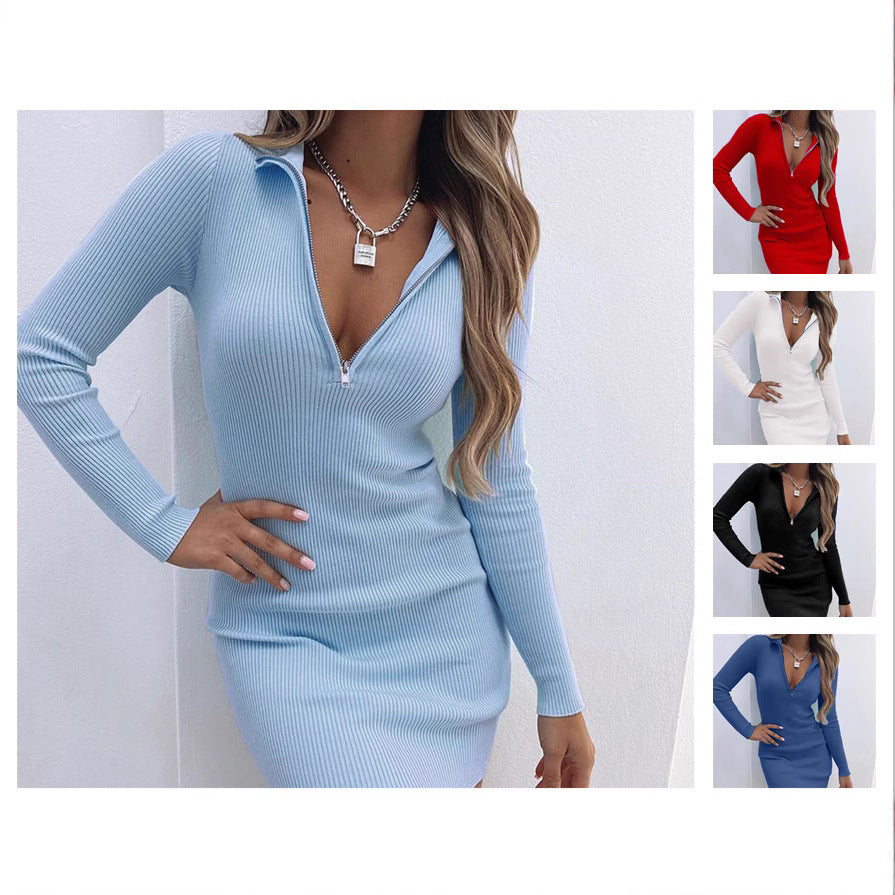 Lapel Zipper High Waist Long Sleeves Bottoming Skirts