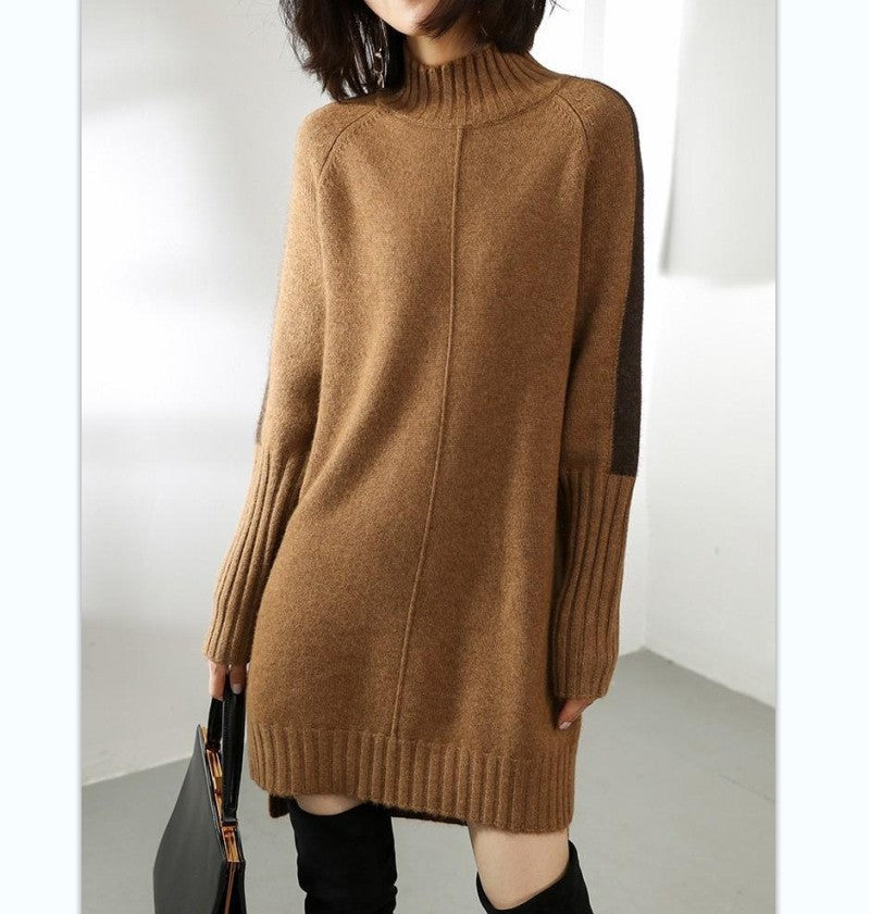 Women's Half Turtleneck Color-matching Dress Mid-length Loose Dresses