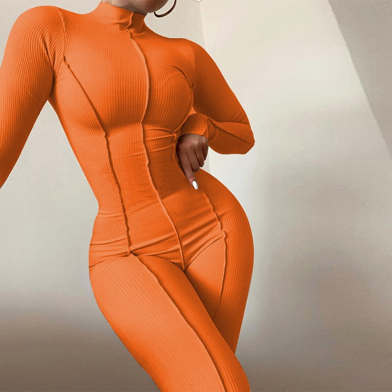 Women's Long-sleeved Round Neck High Elastic Overall Women's Jumpsuit/clothing