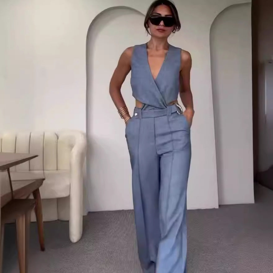 Slim Sleeveless High Waist Wide Leg Pants