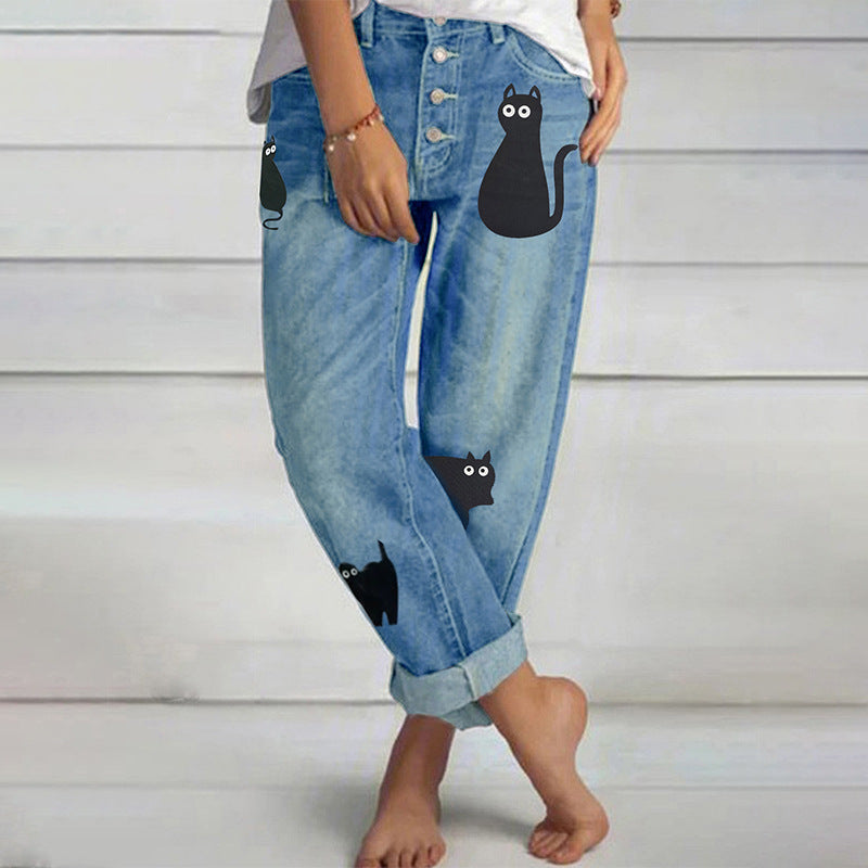 Women's American Retro Printed Cat Straight High Waist Women's Jeans