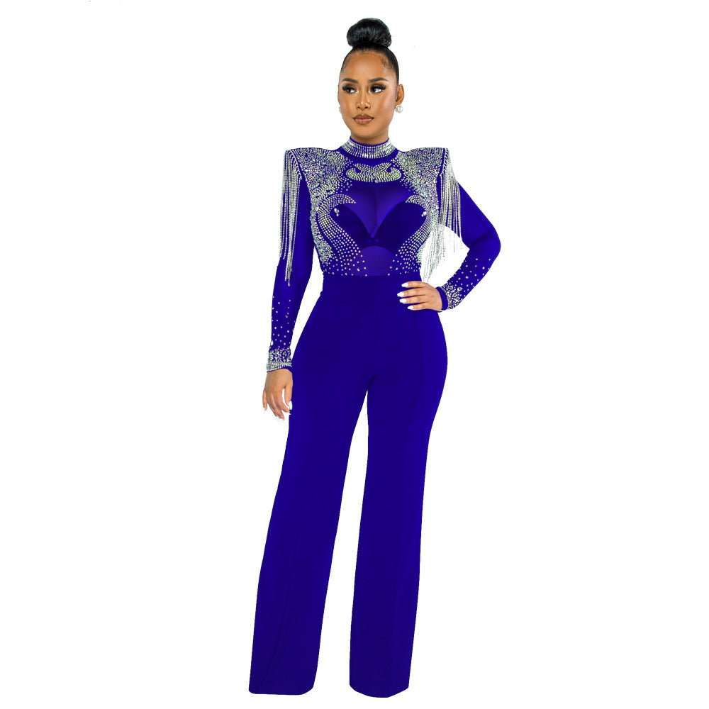 Rhinestone Tassel Shoulder Cotton Polyester Mesh Jumpsuits