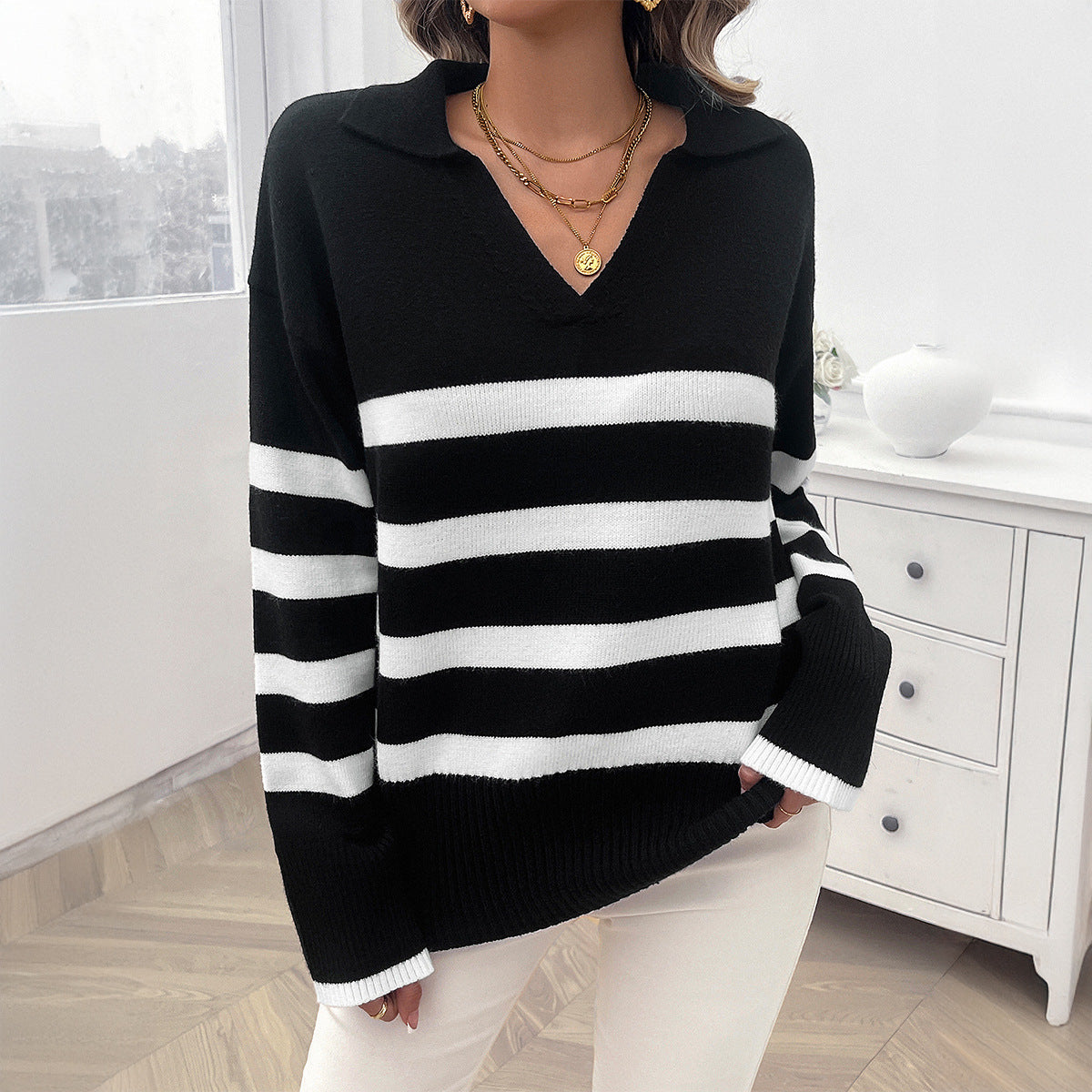 Women's Casual Loose Striped Contrast Color Lapels Sweaters