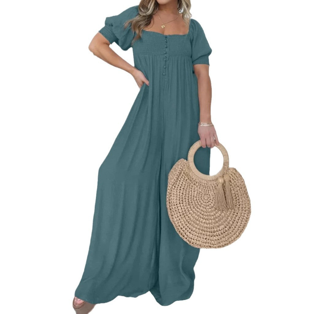 Pure Color Puff Sleeve Pleated Siamese Skirts
