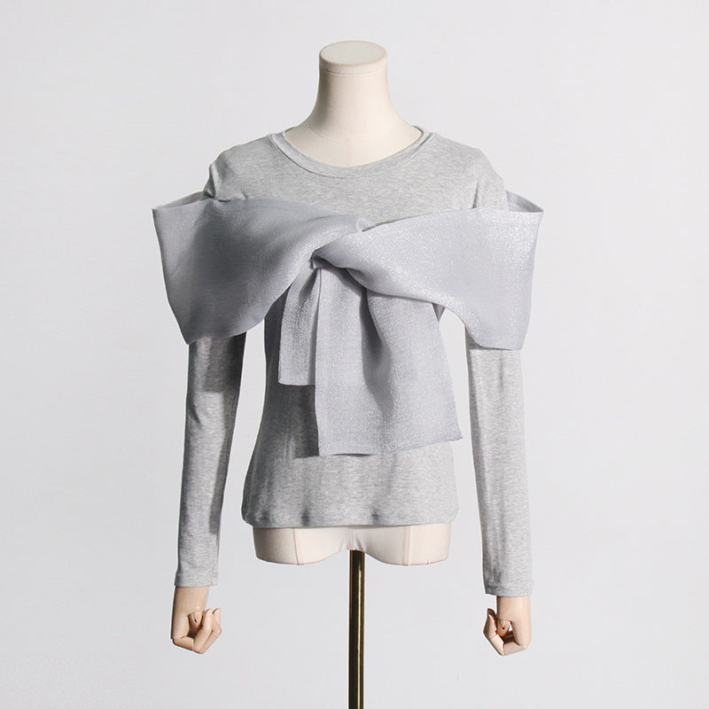 Women's Sleeve Unique Cross Bow Solid Color Blouses