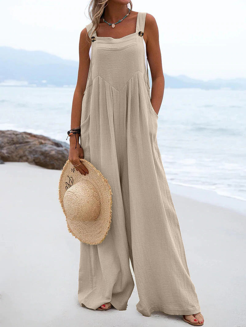 Women's Style Fashion Button Solid Color Wide Jumpsuits