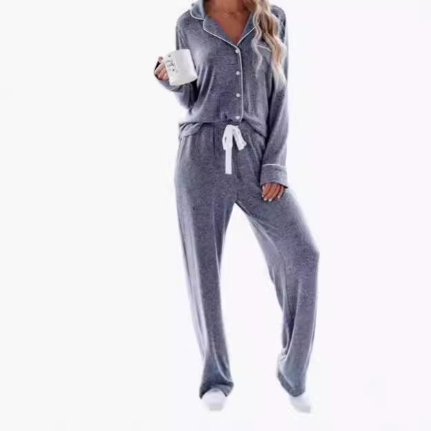 Women's Long-sleeved Trousers Lapel Button Strip Pajamas Suits