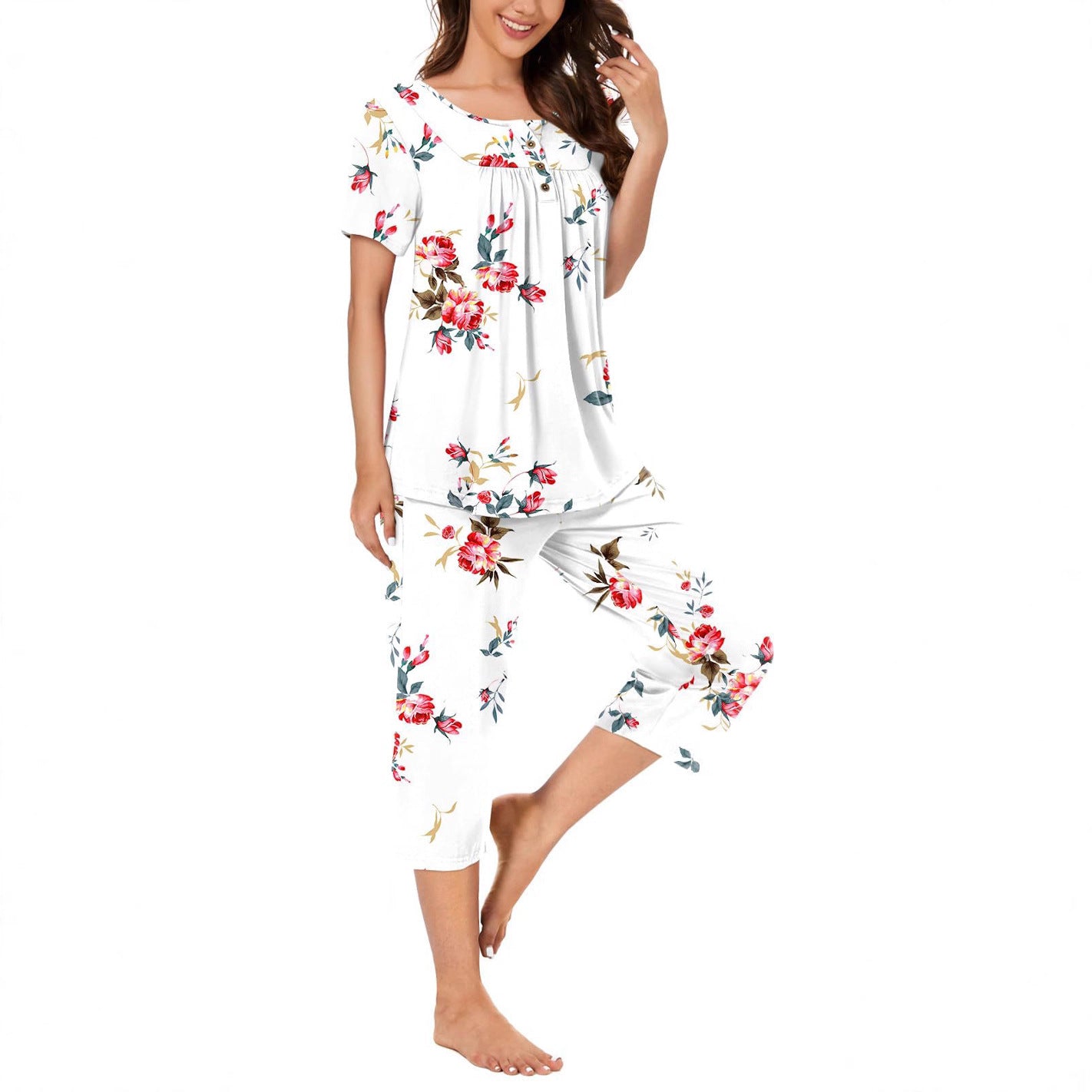Women's Pajamas T-shirt Button Round Neck Printed Pants
