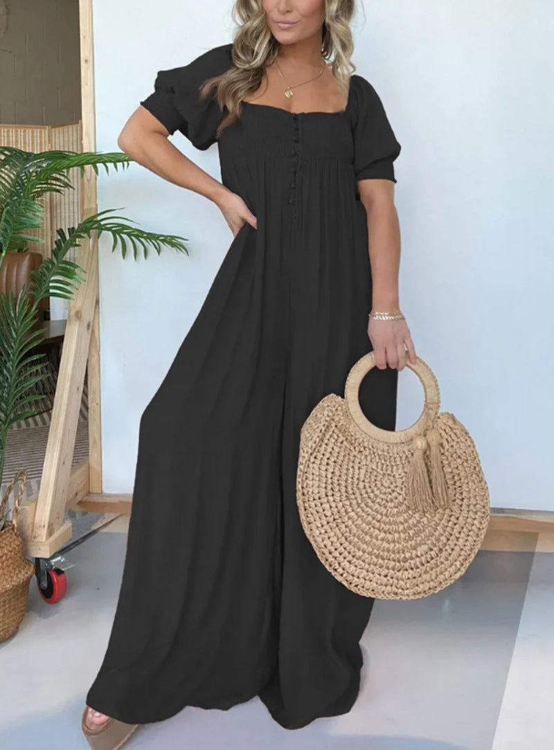 Pure Color Puff Sleeve Pleated Siamese Skirts