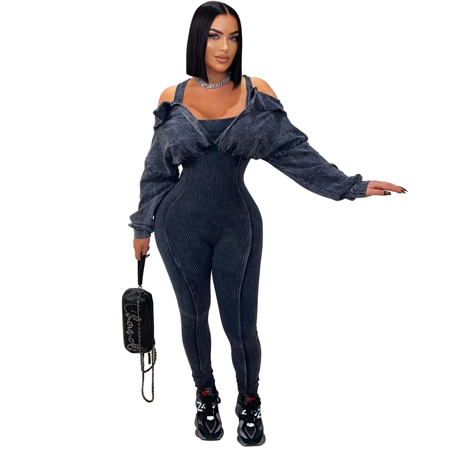 Women's Fashion Wear Washed Old Sexy Cold-shoulder Jumpsuits