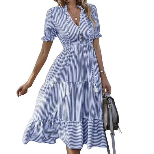 Women's Striped Elastic Waist Sleeve Expandable Dress