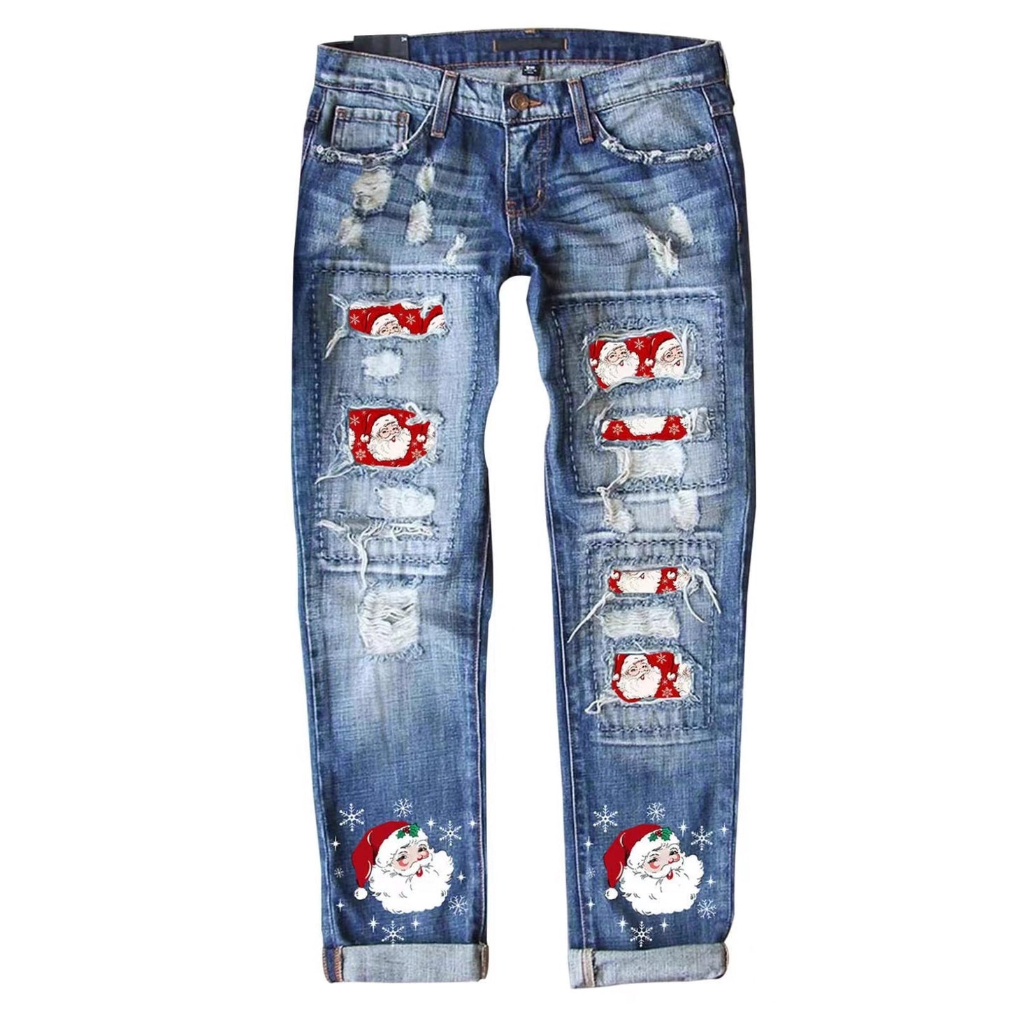 Women's Santa Claus Hole Patch Fashion Wash Pants